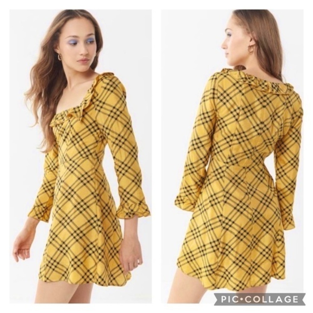 Urban Outfitters Kirsten Dress Plaid Yellow M Long Sleeve Preppy Mini Party